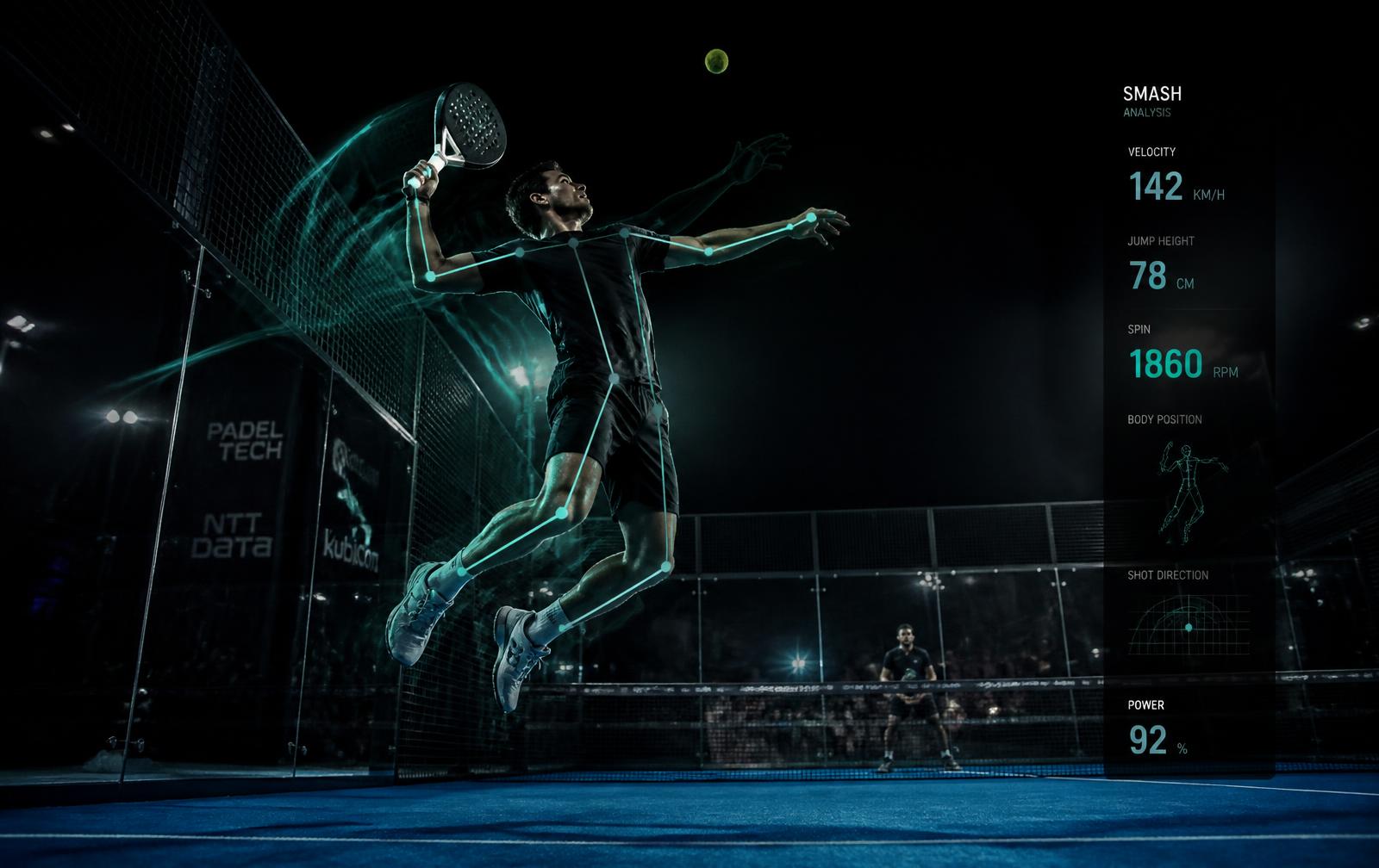 Padel player mid-smash with skeletal pose-tracking overlay and shot analytics